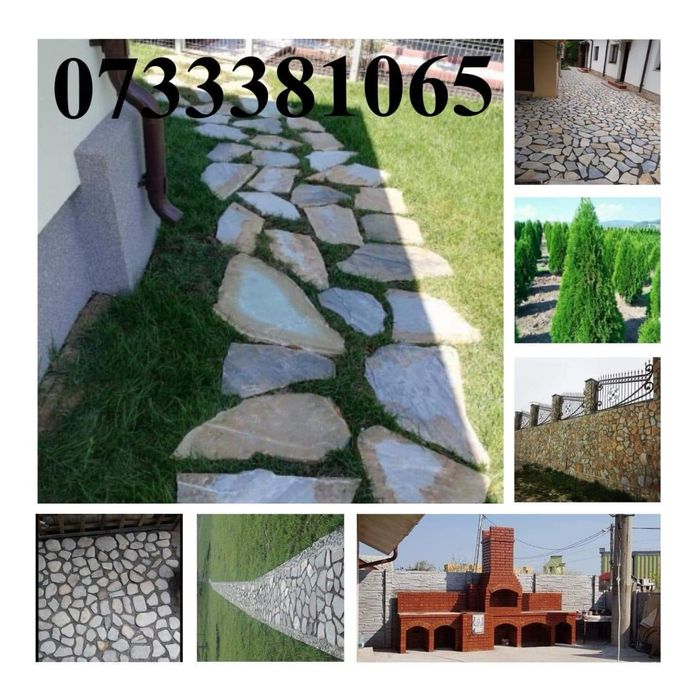 Gazon rulou,plante tuia,piatra cubica,piatra de placat