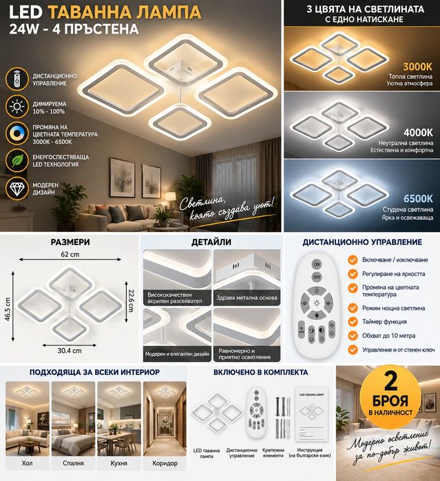 LED Таванна Лампа 24W с 4 Пръстена – Димируема, 3000K–6500K, с Дистанционно – Бяла