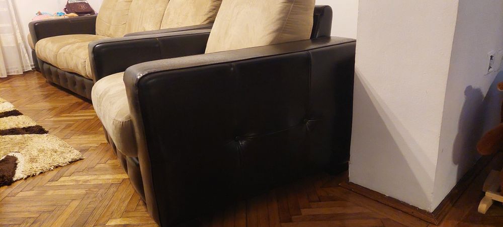 Canapea , fotoliu și taburet  mobexpert piele naturala/piele intoarsa