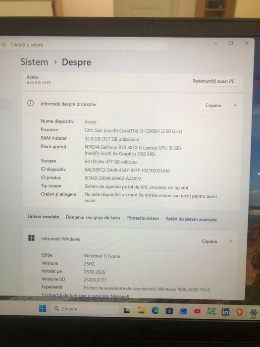 Laptop Dell G15 5520 -- i9-12900h -- 32GB  -- RTX 8GB -- SSD 512GB