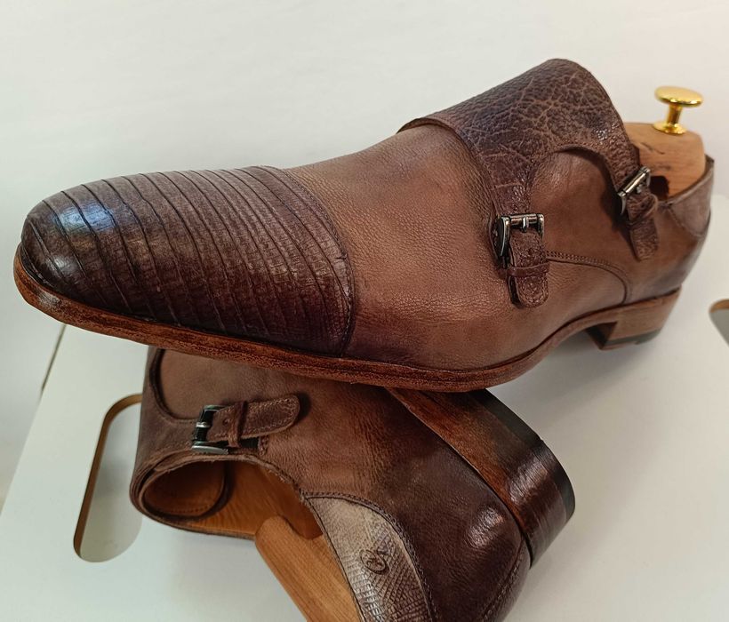 Pantofi monk 43 42.5 42 de lux GREVE NOI lucrati manual piele embosata