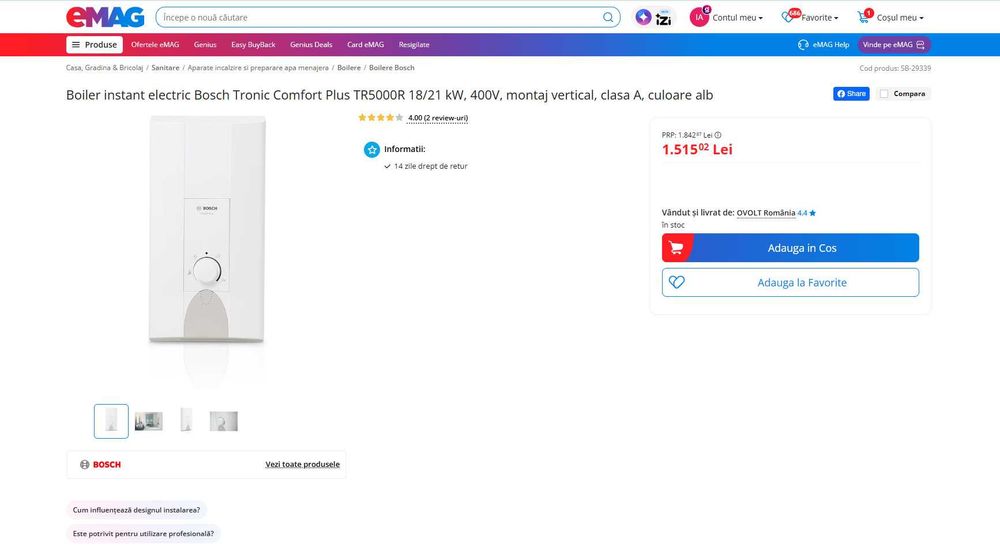 REDUS pana la 40%, BOSCH Boiler instant electric de Apa calda, Consum Clasa A, putere de la 15 la 24 KW , 230 V si 400 V