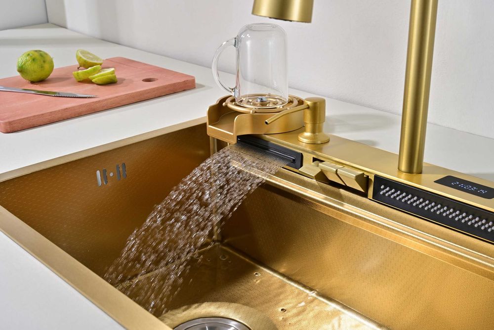 60см Златна мултифункционална кухненска мивка с двоен водопад