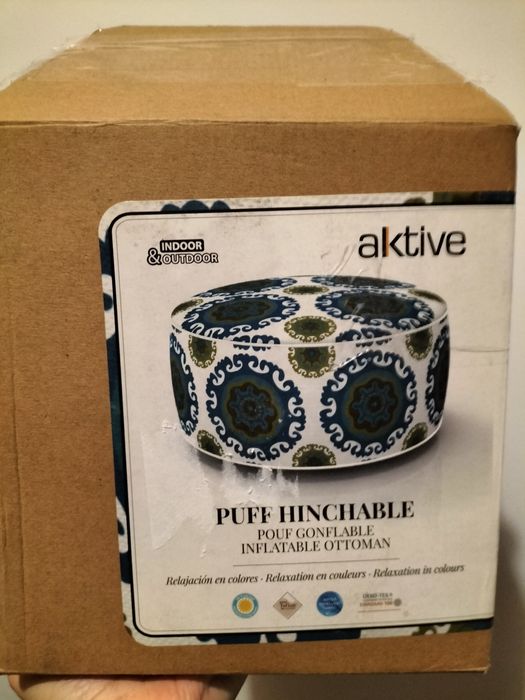 Taburet gonflabil tip otoman tapițat cu stofă, dimensiune 53x23 cm