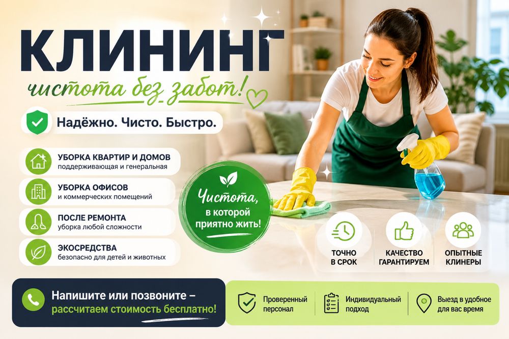 1  Клининг. Уборка квартир, домов,офисов, коммерческих помещени.