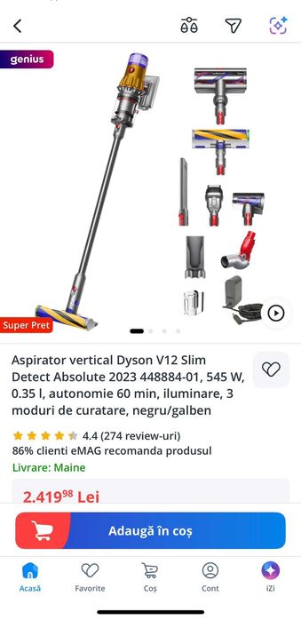 Aspirator vertical Dyson V12 Slim Detect Absolute 2023 448884-01, iluminare, 3 moduri de curatare