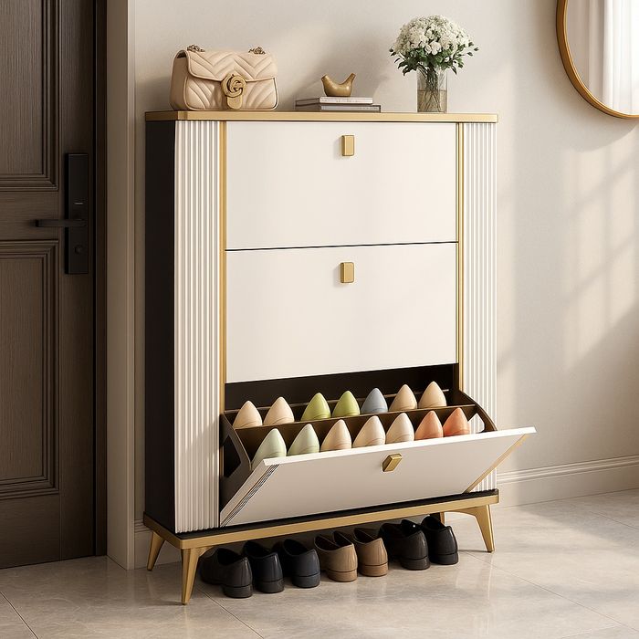 Тумба для обуви современная бело-золотая с откидными секциями