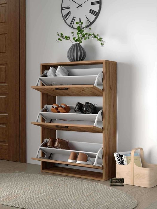 Шкаф за обувки с 3 падащи врати – бял и дървесен цвят/Шкафче за обувки