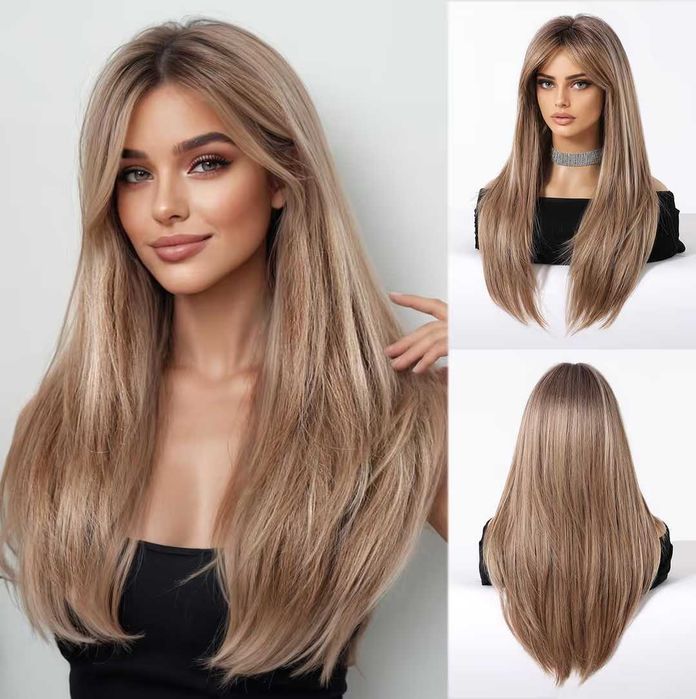 Perucă lungă dreaptă blondă cenușie pentru femei