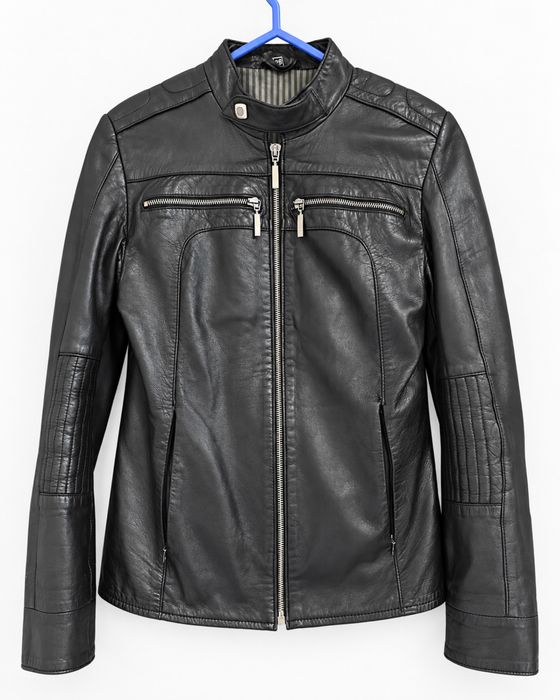 Дамско черно кожено яке тип Biker/slim fit