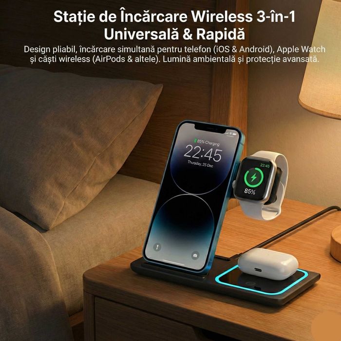 Statie Incarcare Wireless 3-in-1 Pliabila Wyred by Monga Qi 15W Alb