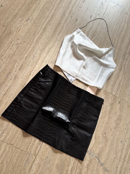 Дамски сет черна кожена пола Mango и бял сатенен топ