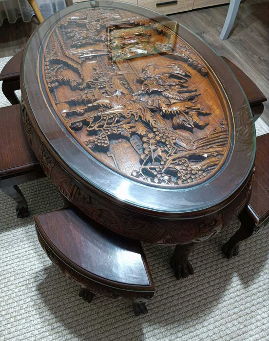 Антикварна японска маса с 6 стола от черешово дърво