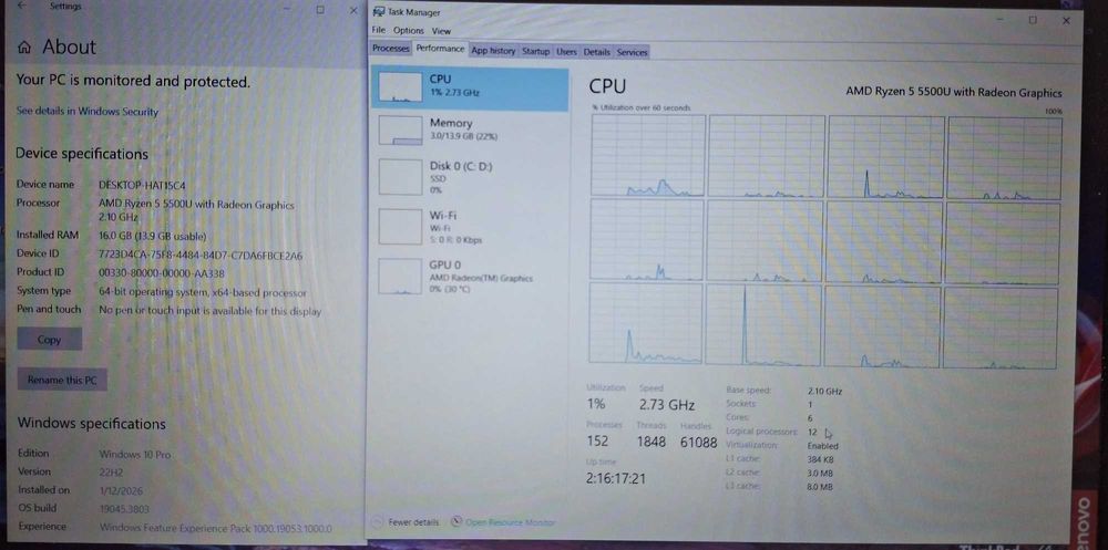 14' Lenovo Ryzen 5 5500U/16GB DDR4/512GB SSD/AMD Radeon/Бат. 5ч.