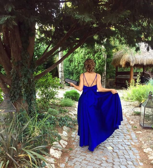 Официална дълга синя рокля за бал