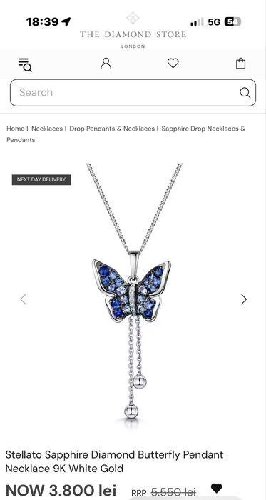 Colier cu diamant + safir , pandantiv fluture AUR ALB 9K