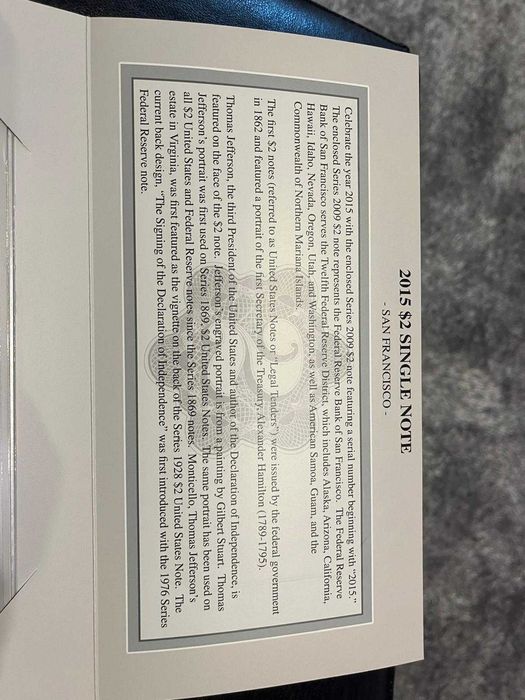 Bancnota 2 dolari in pliant emisa de rezerva bancii federale americane