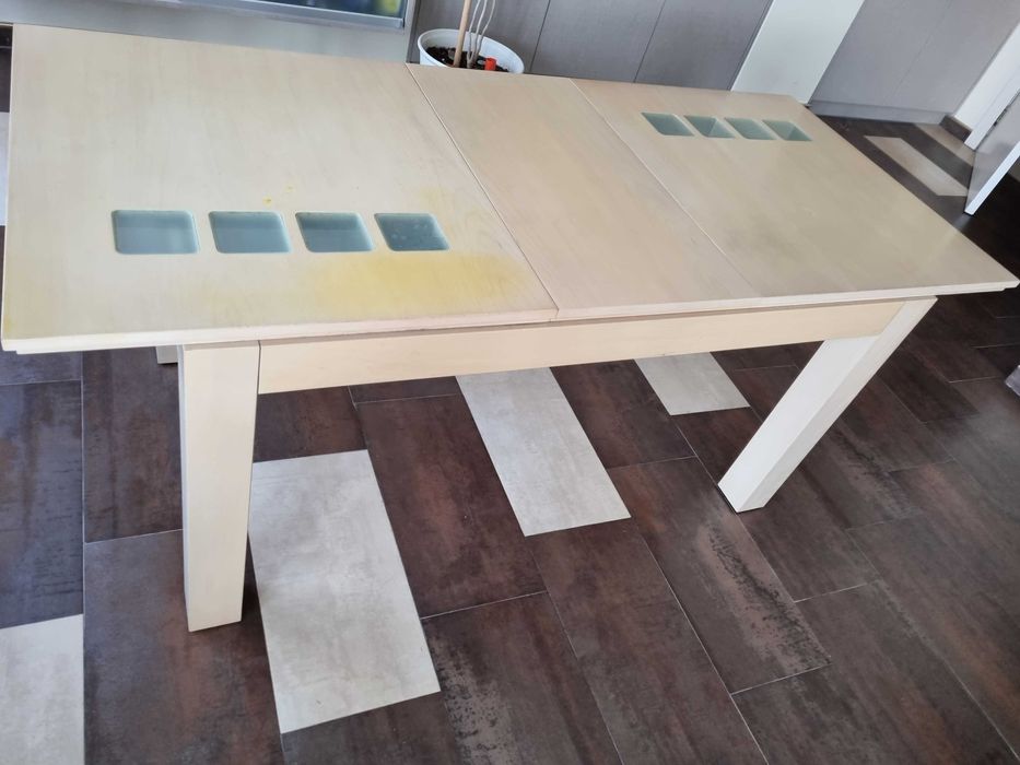 Разтегателна трапезна маса МДФ+стъкло 80/140(180)/75, цвят парен бук