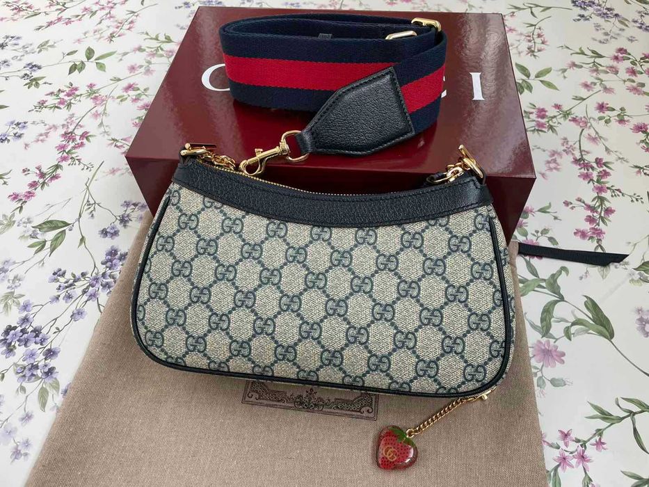 Оригинална Чанта Gucci Ophidia Синя Кожа Бежов Canvas Гучи Златно Gold GG Лого и Синджир