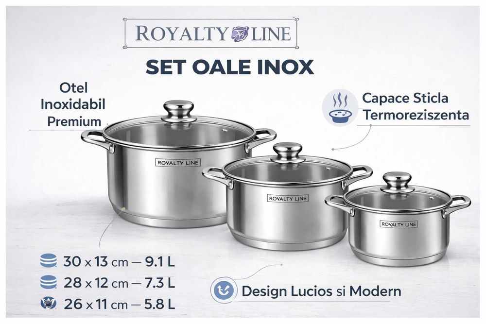 Set oale inox Royalty Line, 6 piese, capace din sticla
