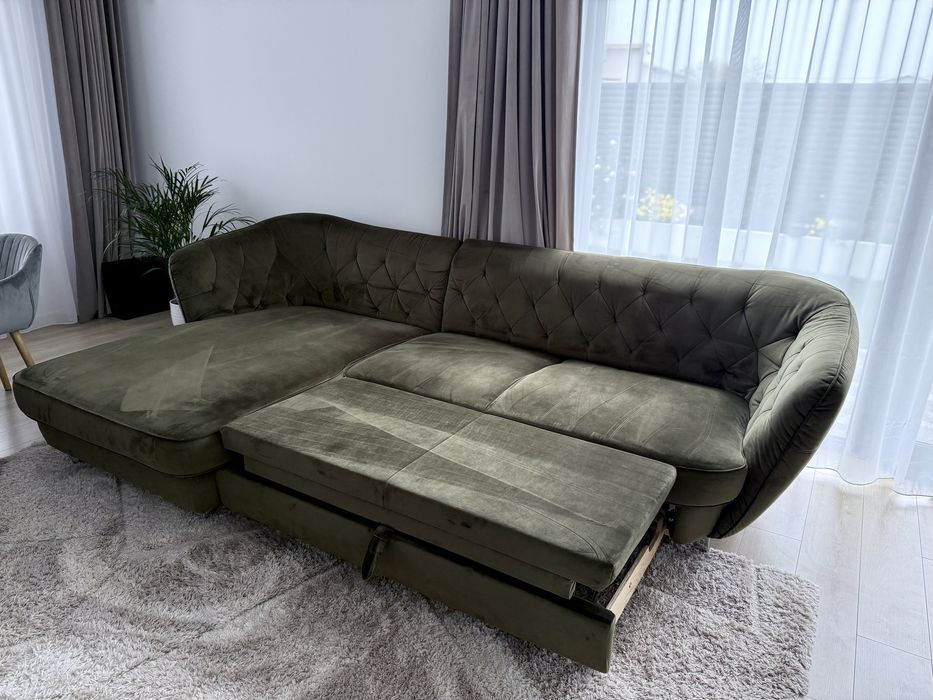 Canapea catifea verde, extensibila + lada depozitare