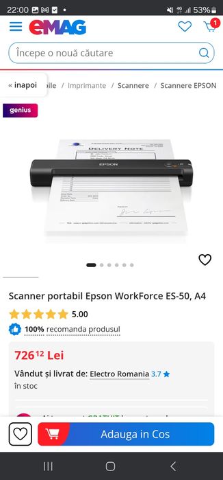 Scanner portabil Epson WorkForce ES-50, A4