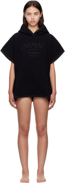 BALMAIN S/M черно плажно пончо cover-up хавлиена туника с качулка лого