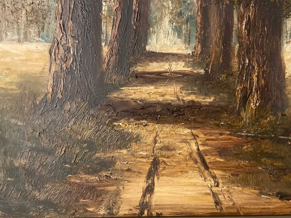 Tablou vechi, ulei pe panza, peisaj cu alee si copaci - semnat, inramat