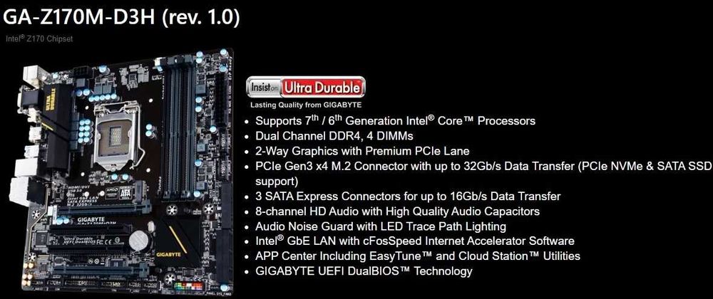 Дъно Дънна платка Gigabyte GA-Z170M-D3H 1151 DDR4 до 64GB OVERCLOCK