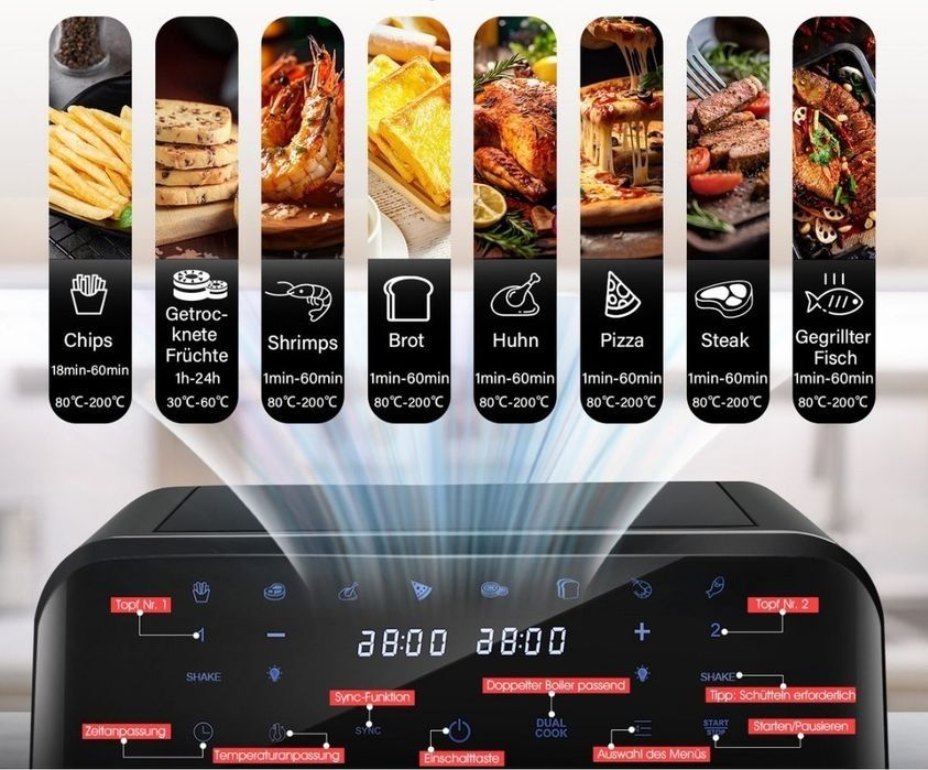 Friteuza dubla cu aer cald Oyajia Airflayer dual zone 2600W