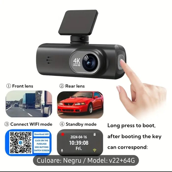 Camera Video Dubla Auto 4K,WiFi,Card Sd64Gb,încărcător bricheta