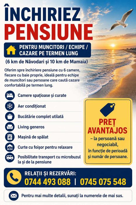 Închiriez pensiune pentru muncitori / echipe / cazare pe termen lung  (6 km de Năvodari și 10 km de Mamaia