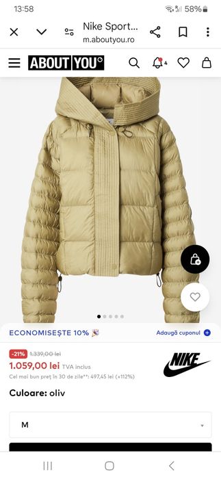 Nike prima puffer geaca iarna dama