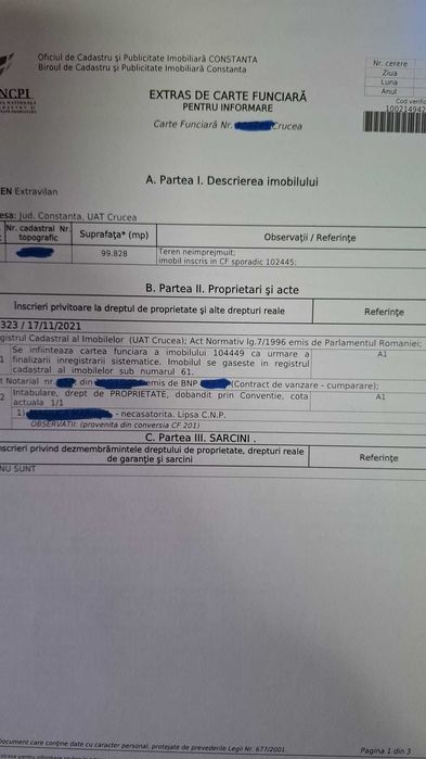 Teren extravilan de vanzare comuna Crucea, jud. Constanta