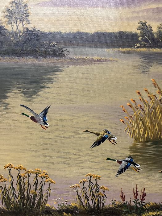 Оригинал на Рудолф Хиршел-Есенен,речен пейзаж с излитащи патици