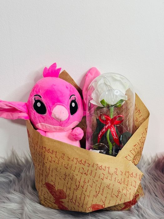 Ursulet stitch + trandafir criogenat/boo bascket/cadou/set copii/dama