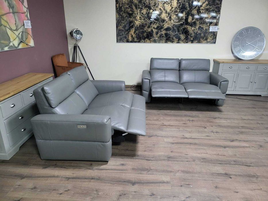 Сив кожен комплект дивани две двойки с електрически релакс механизъм