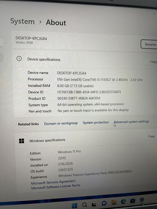 Laptop Dell Vostro model 3500 intel core i5 gen 1135 nvme 512