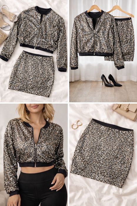 Дамски комплект с пайети в сребърно