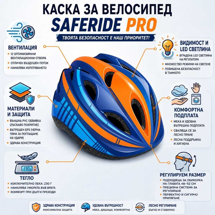 Детска каска за велосипед със заден LED стоп, Олекотена, Регулируема 48–52 см