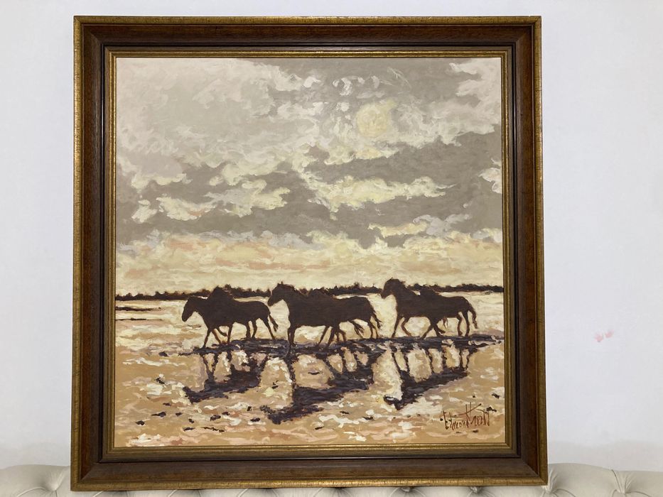 Tablou deosebit în ulei pe pânză „Cai în alergare” – Edmond Kroth, 92x92 cm (ramă de epocă)
