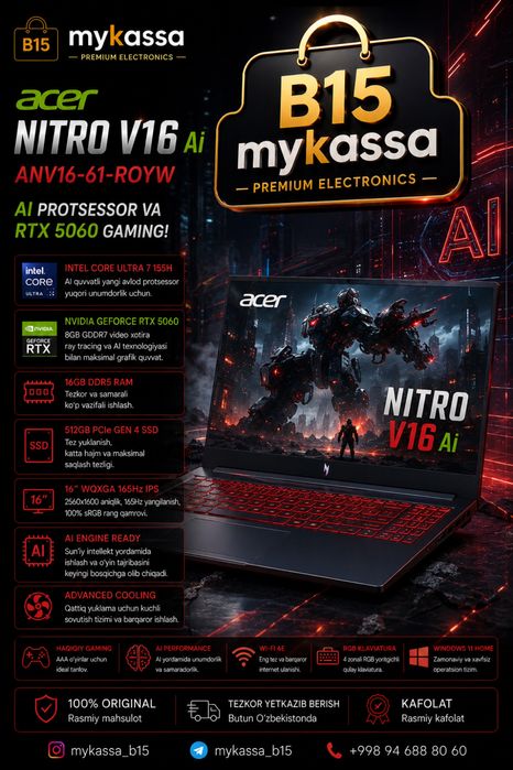 Acer Nitro V16 Ai ANV16-61-ROYW — AI protsessor va RTX 5060 gaming