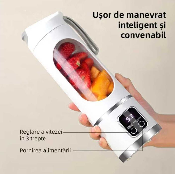 Blender portabil 450ml, 12 lame inox, afisaj LED