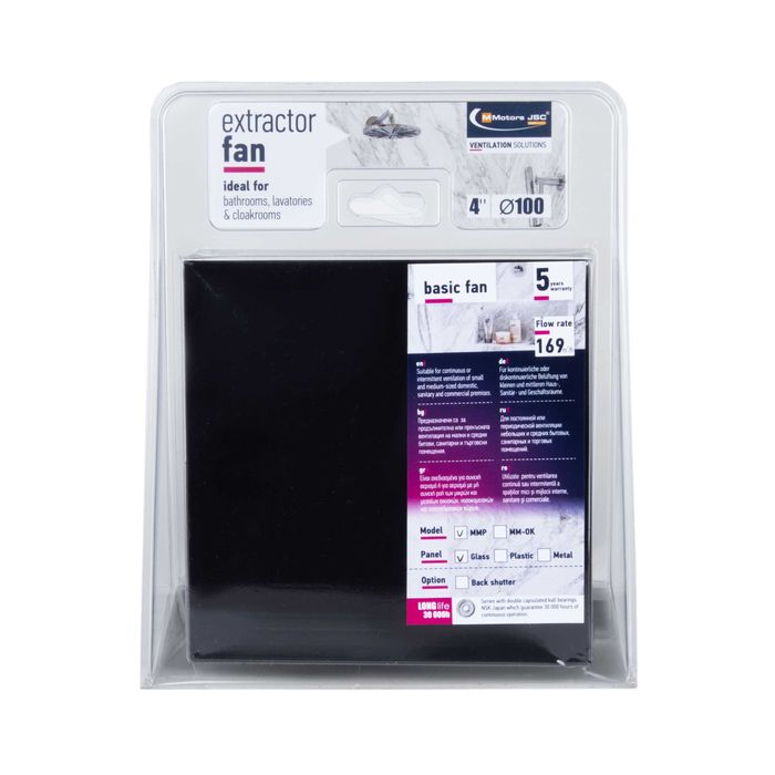 Вентилатор за баня дизайн. стъкло Мат/Гланц клапа Турбо дебит 169м3/ч