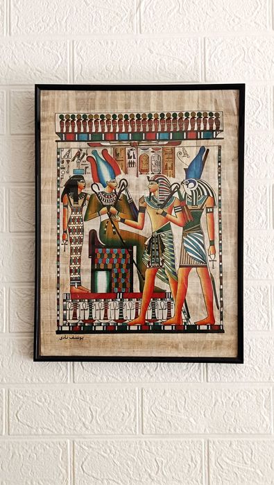 Papirus egiptean autentic — Faraonul în Fața Zeilor Osiris, Isis și Horus - papirus înrămat