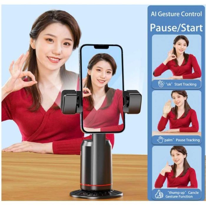 Държач за телефон с автоматично проследяване на лицето,завъртане на 360°, стойка за камера, дистанционно управление, светлина за поточно видео на живо