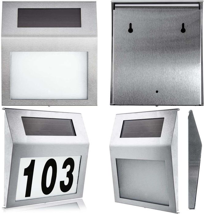 Panou numar de casa cu iluminare solara LED din inox argintiu 18x20 cm