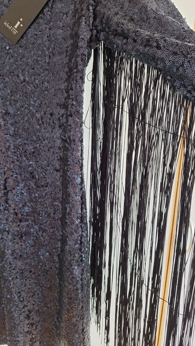 Rochie de seara, bleumarin, paietee si franjuri