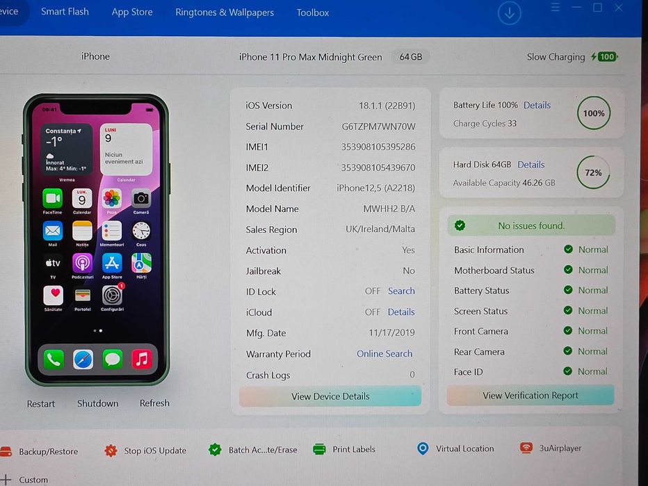 iPhone 11 Pro Max, Midnight Green, 64GB, stare baterie 100%