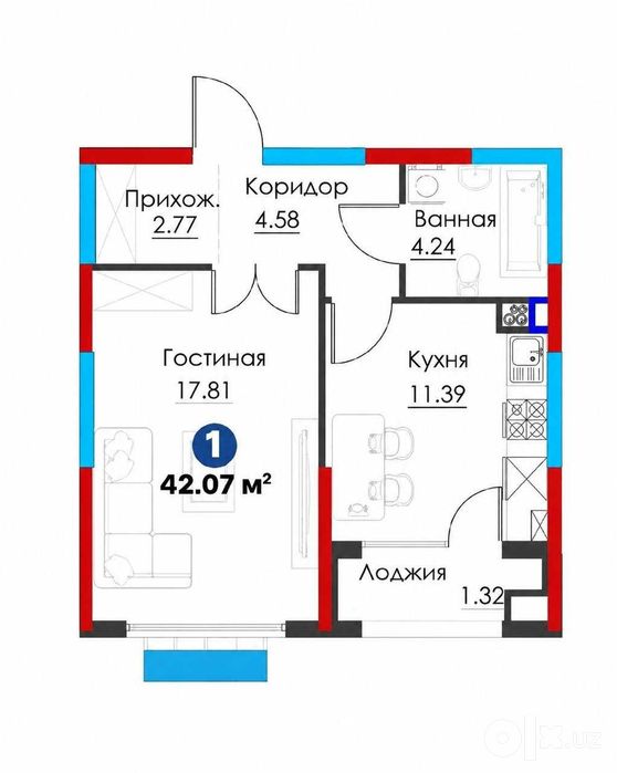 Продается 1-комн Квартира 42 м2, Юнусабад 8, ЖК NRG Yunusobod
